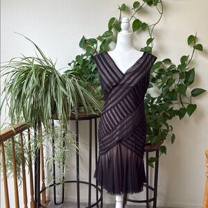 Elegant Black Striped/Ruffle mesh detail Dress